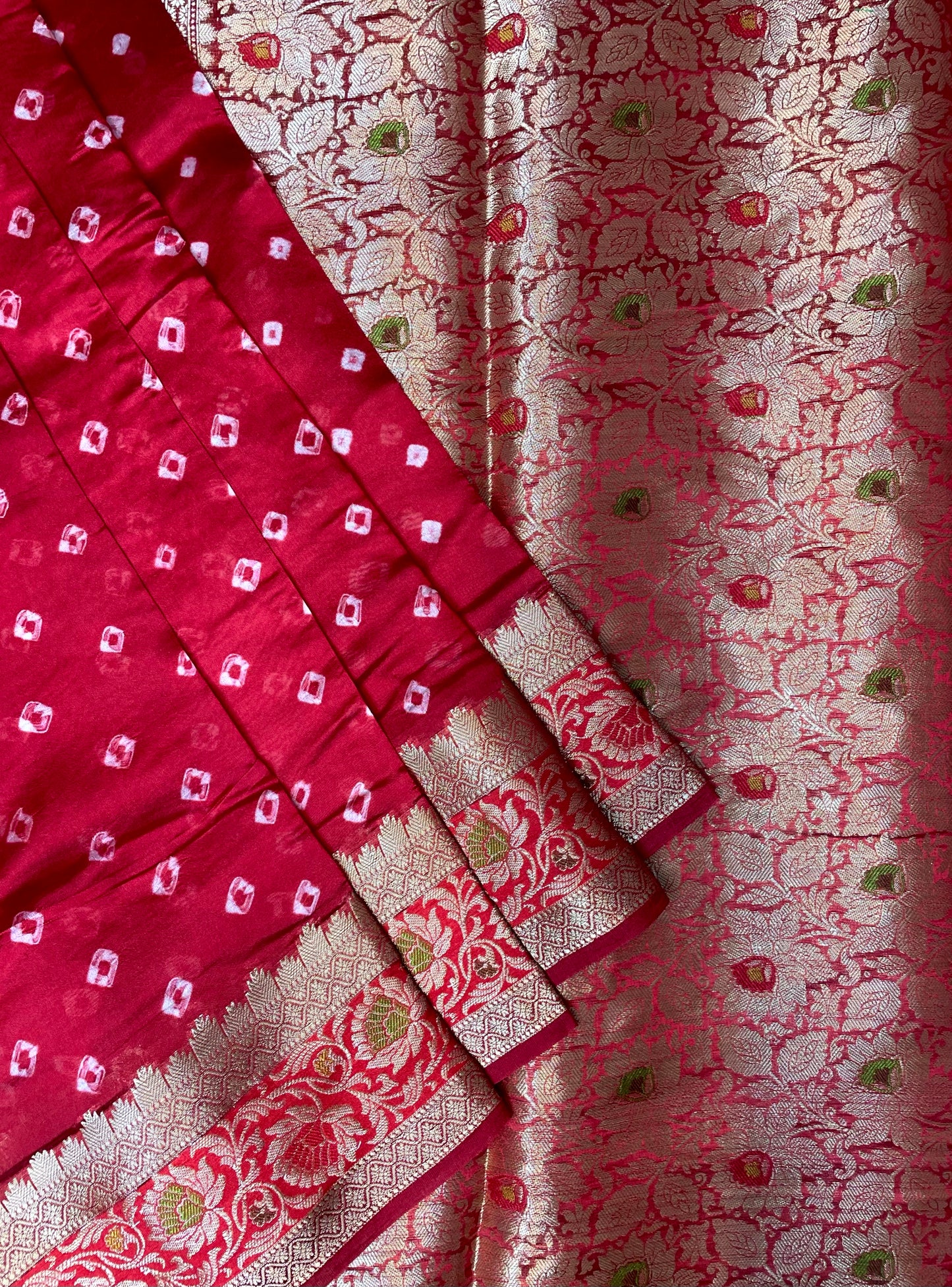 Pink Bandhani Silk Saree with Banarasi Zari Border B0648ds