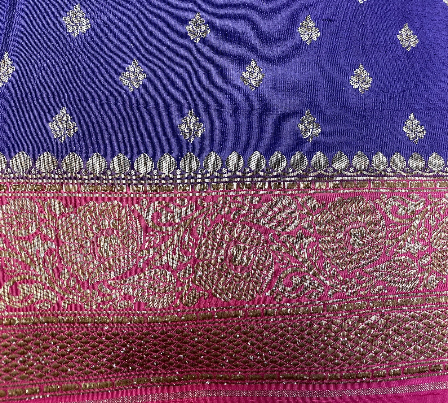Violet Blue And Pink Blend-Luxury Banarasi Crepe Saree B0498ds