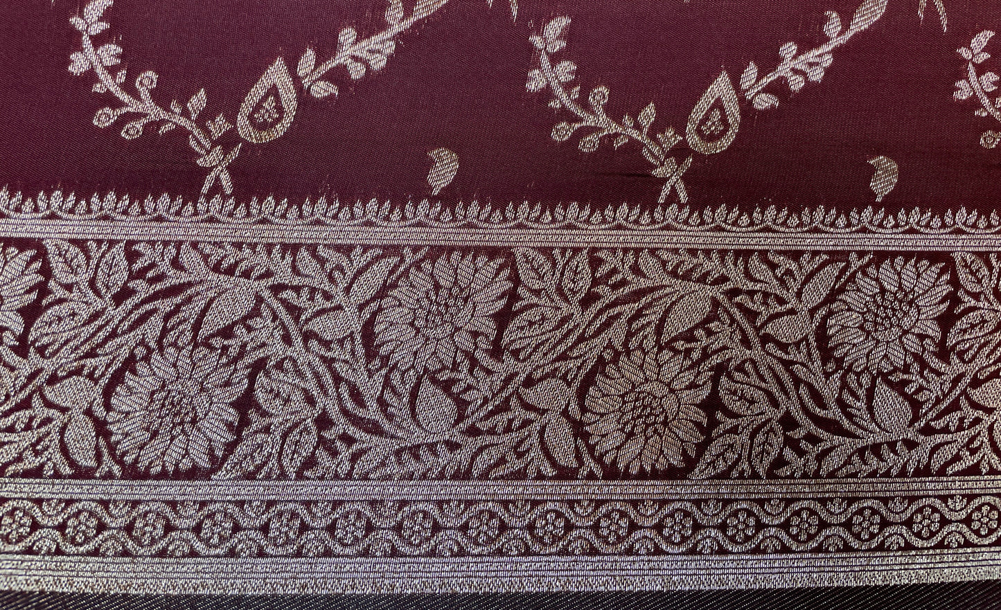 Dark Brown Katan Banarasi Saree with Silver Zari Floral Weaving And Grand Pallu B0552ds