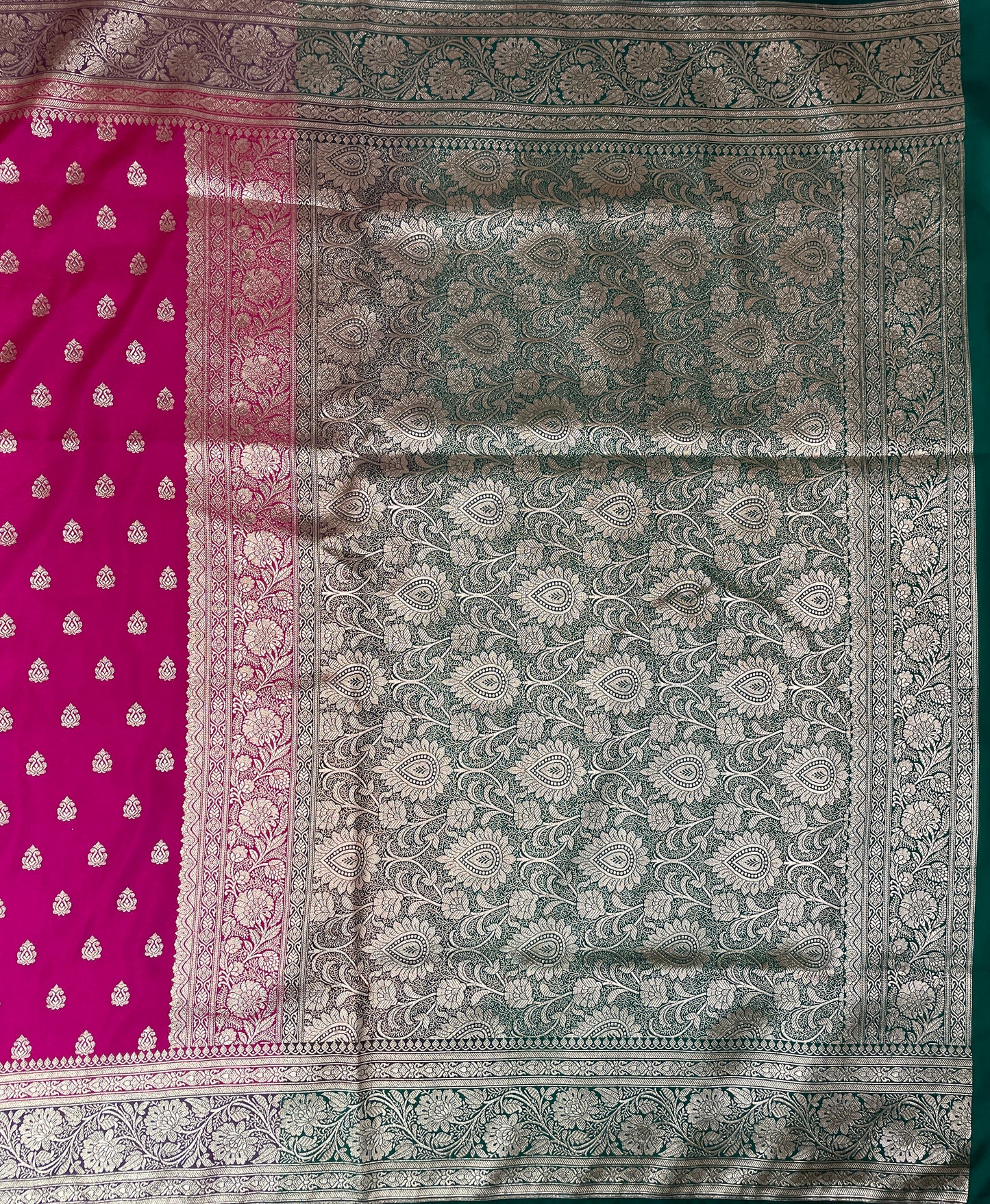 Light Pink And Green Katan Banarasi Saree with Silver Zari Floral Weaving And Grand Pallu B05058ds