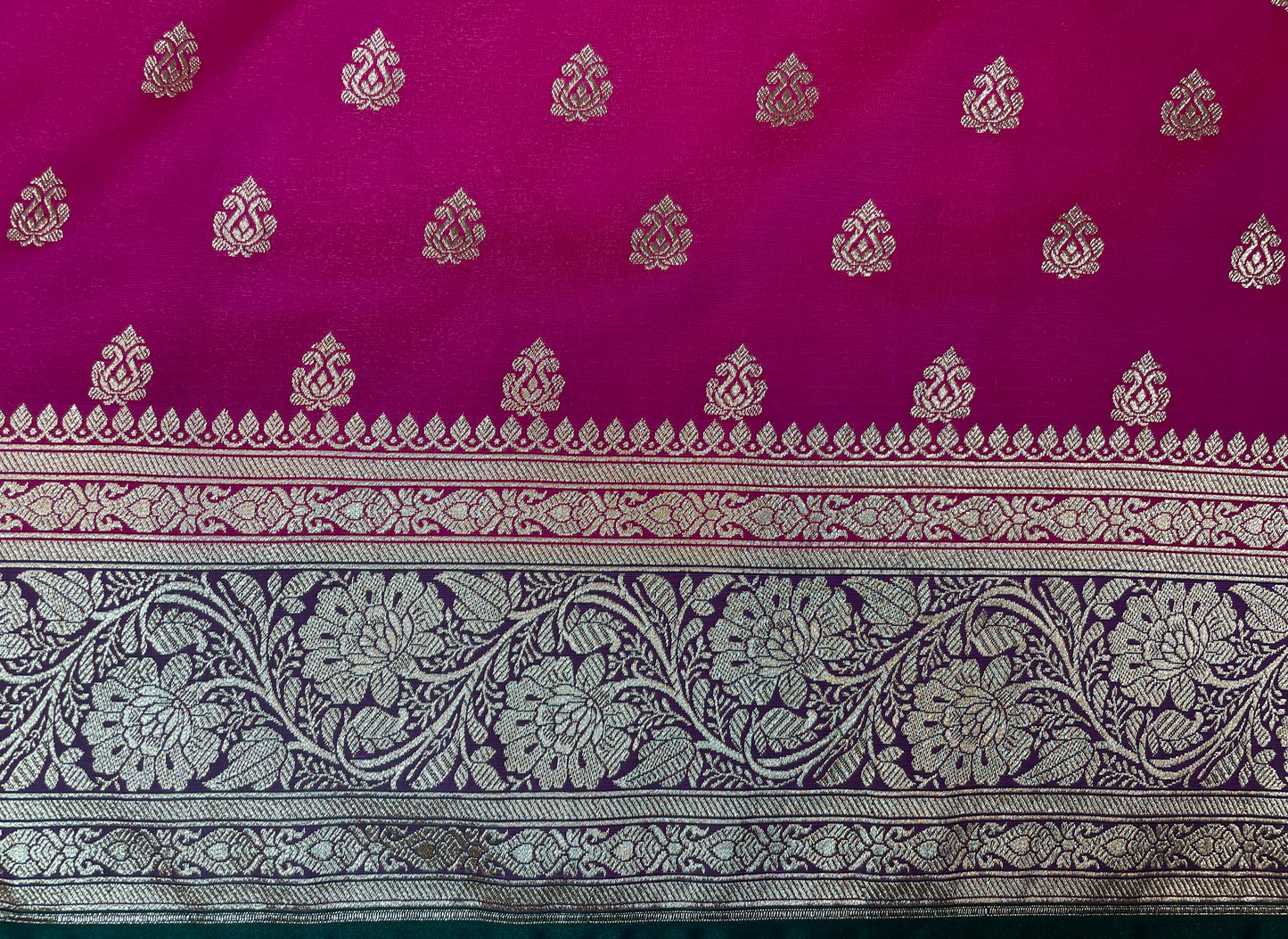 Light Pink And Green Katan Banarasi Saree with Silver Zari Floral Weaving And Grand Pallu B05058ds