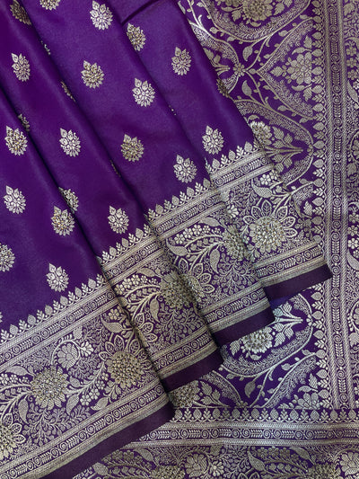Purple Katan Banarasi Saree with Silver Zari Floral Weaving And Grand Pallu B0575ds