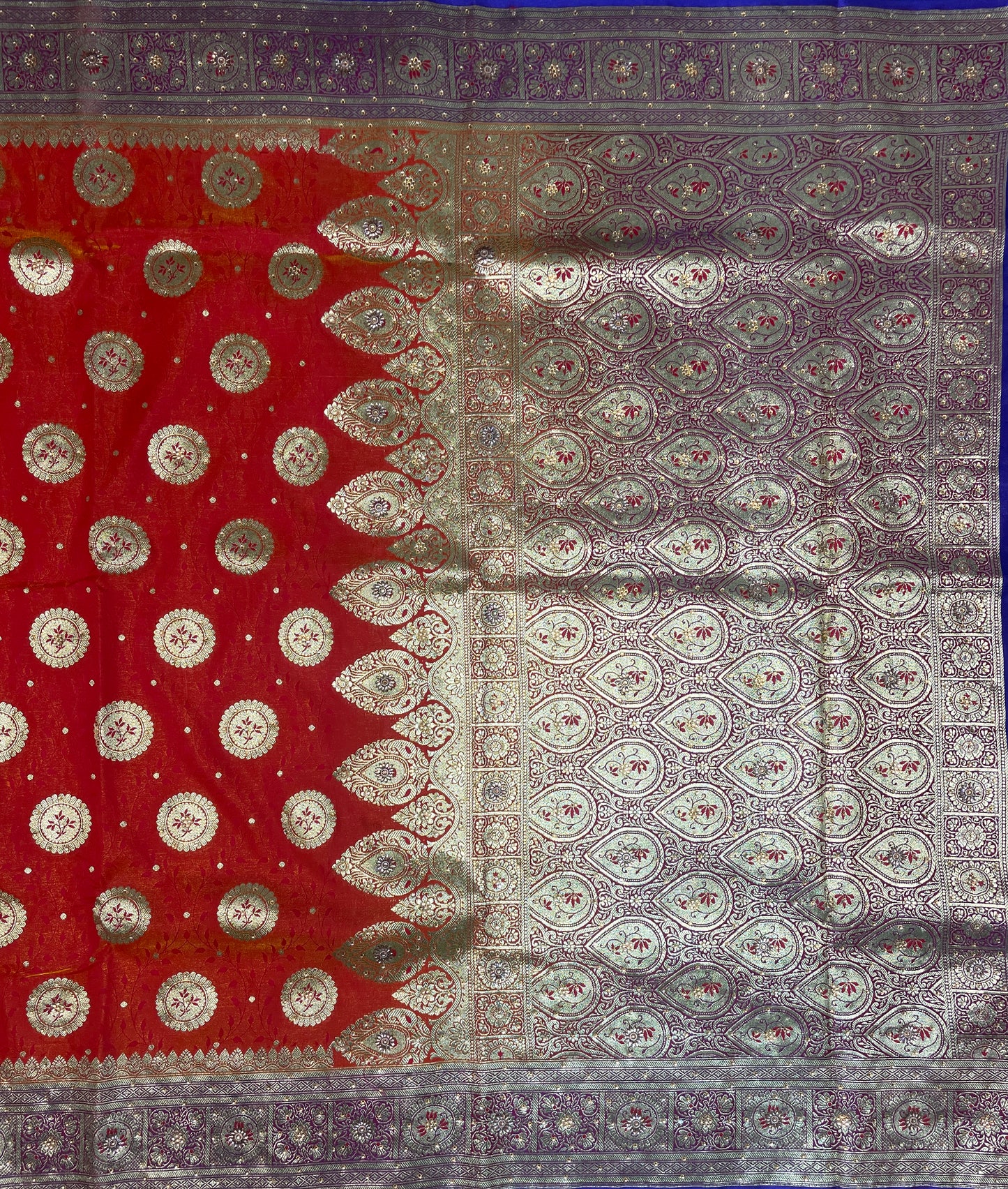Orange And BLue Katan Banarasi Saree with Silver Zari Floral Weaving And Grand Pallu B0590ds