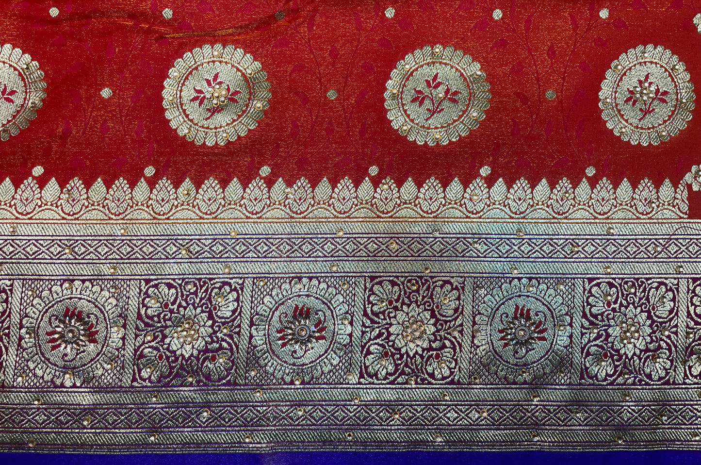 Orange And BLue Katan Banarasi Saree with Silver Zari Floral Weaving And Grand Pallu B0590ds