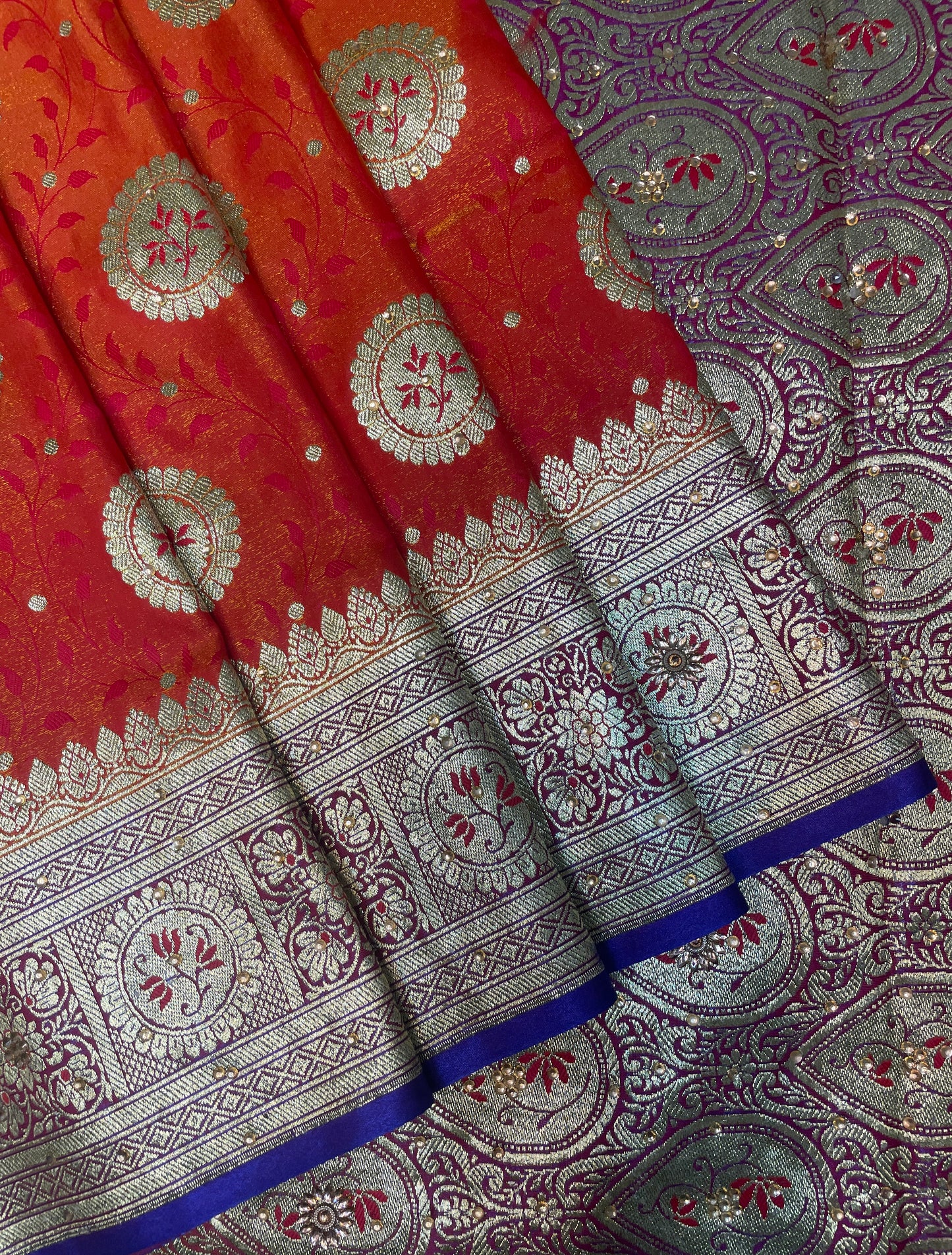 Orange And BLue Katan Banarasi Saree with Silver Zari Floral Weaving And Grand Pallu B0590ds