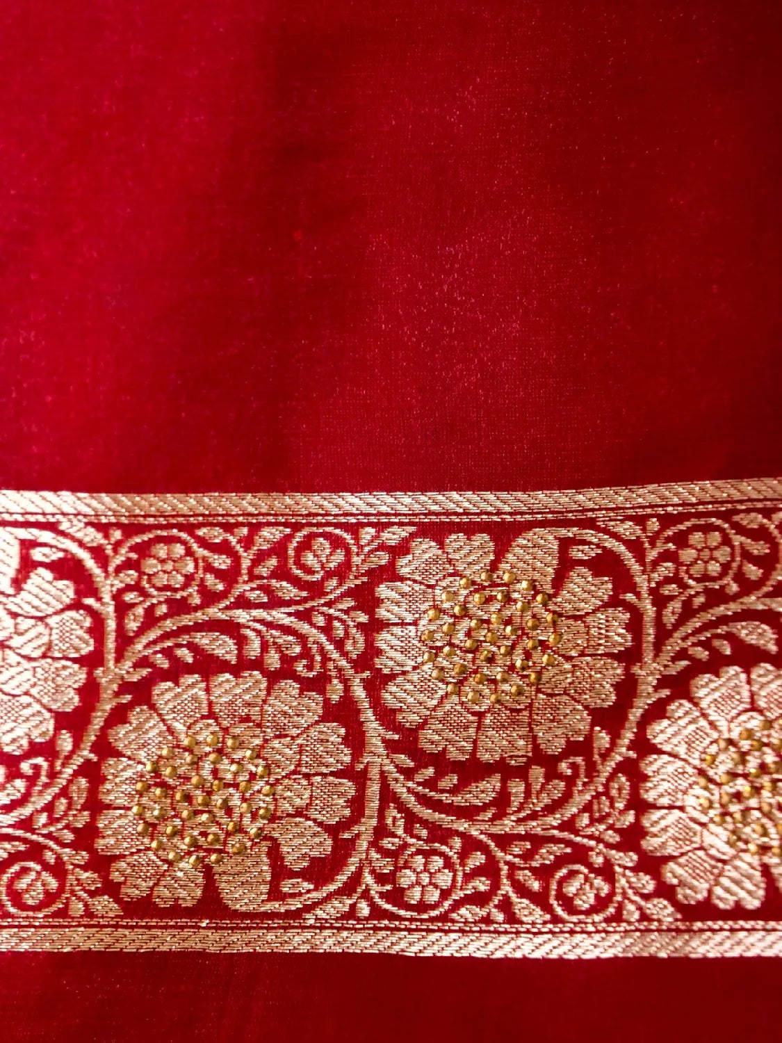 Classic Bridal Red Banarasi Silk Saree with Heavy Gold Zari Brocade & Swarovski Work Floral Butta DSK0066