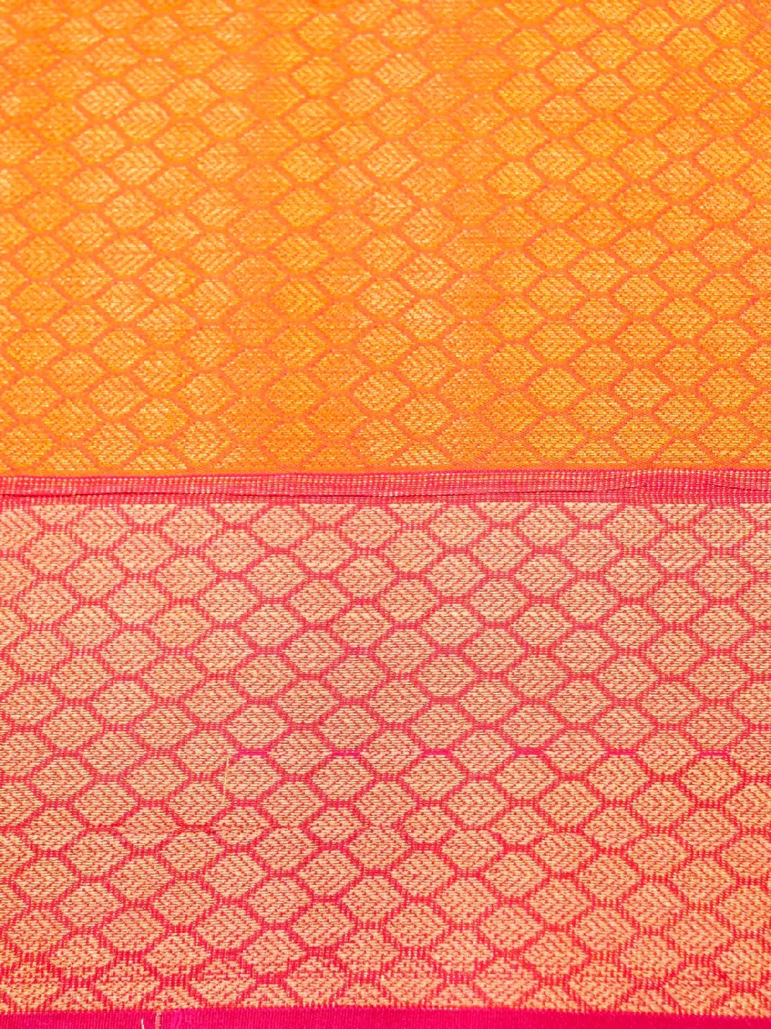 Handloom Mango Yellow Banarasi Silk Saree with Contrast Rust Orange Border & Geometric Pallu DSK00119
