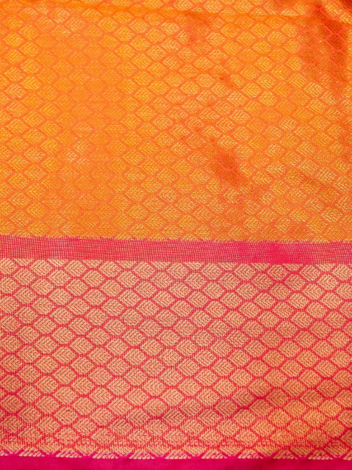 Handloom Bright Orange Banarasi Silk Saree with Contrast Pink Border & Geometric Pallu DSK00118