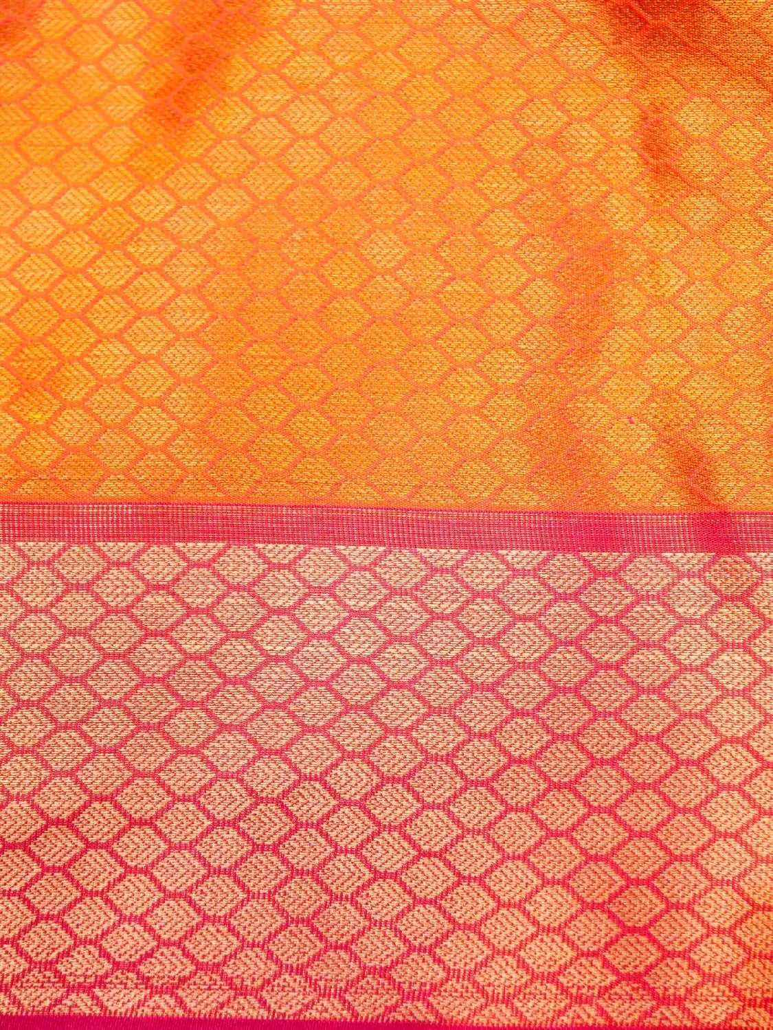 Handloom Tangerine Orange Banarasi Silk Saree with Contrast Pink Border & Floral Pallu DSK00110