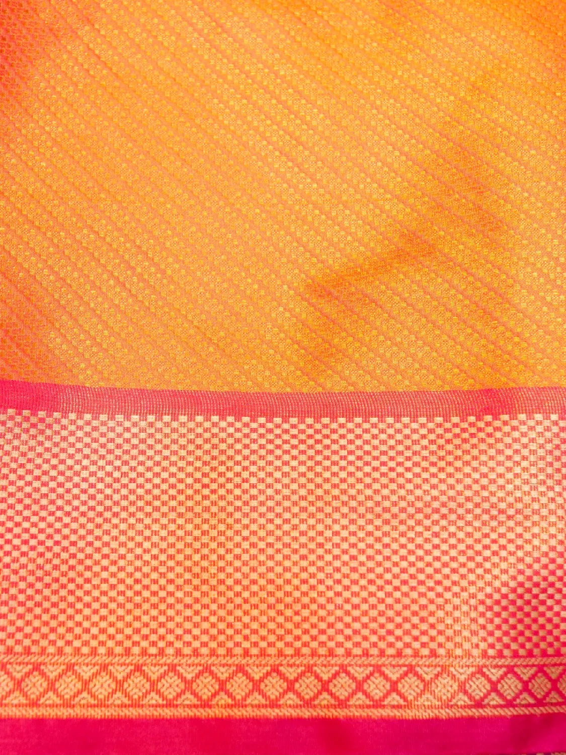 Handloom Peach Orange Banarasi Silk Saree with Contrast Pink Border & Floral Medallion Pallu DSK00122