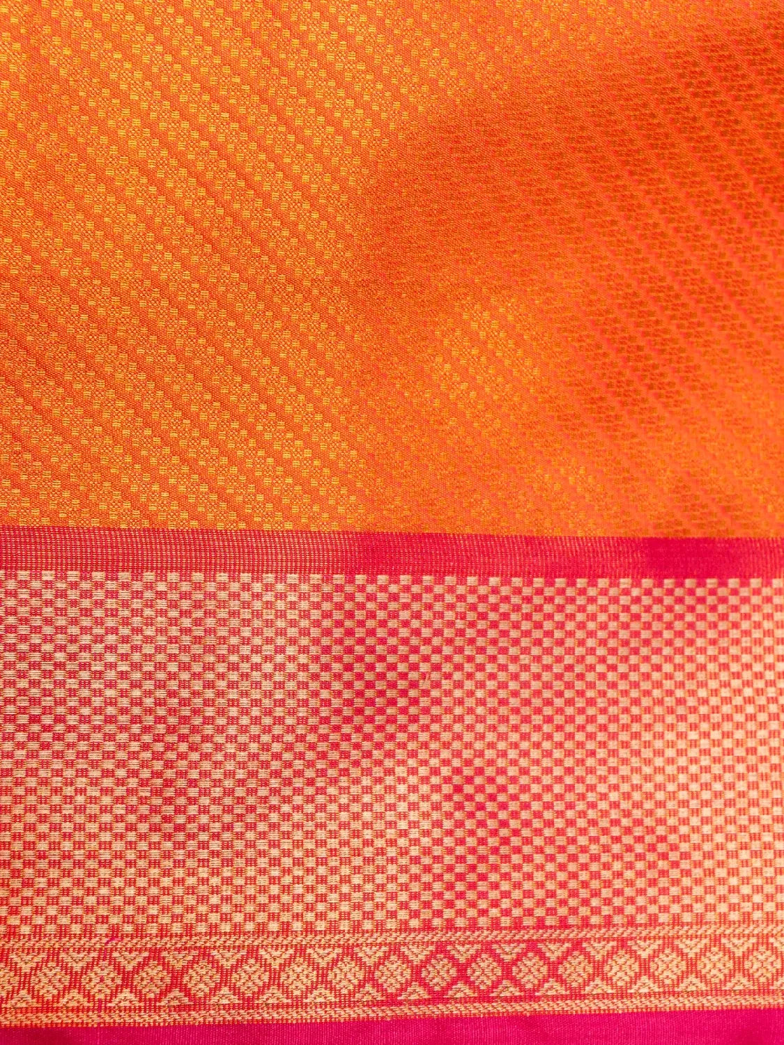 Handloom Mango Yellow Banarasi Silk Saree with Contrast Pink Pallu & Orange Border DSK00111