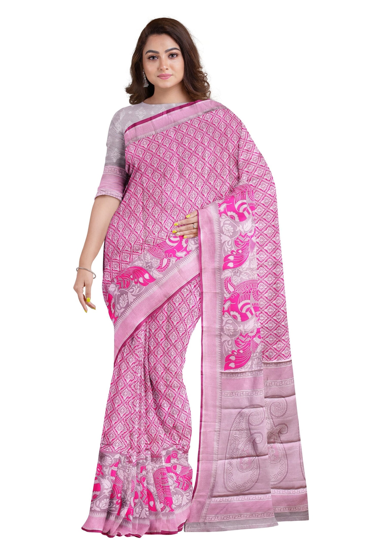 Pink Art Silk Kanchi Peacock Border Design Saree at0036