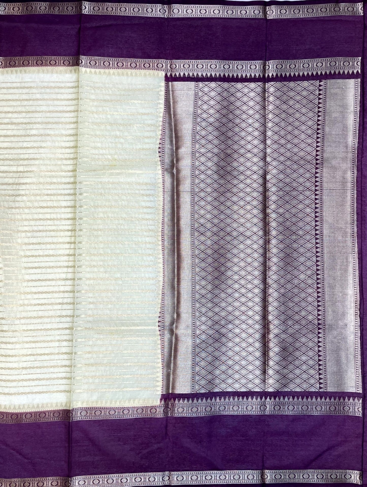 Cream and Violet Georgette Silk with Zari Stripes Design b0035ds