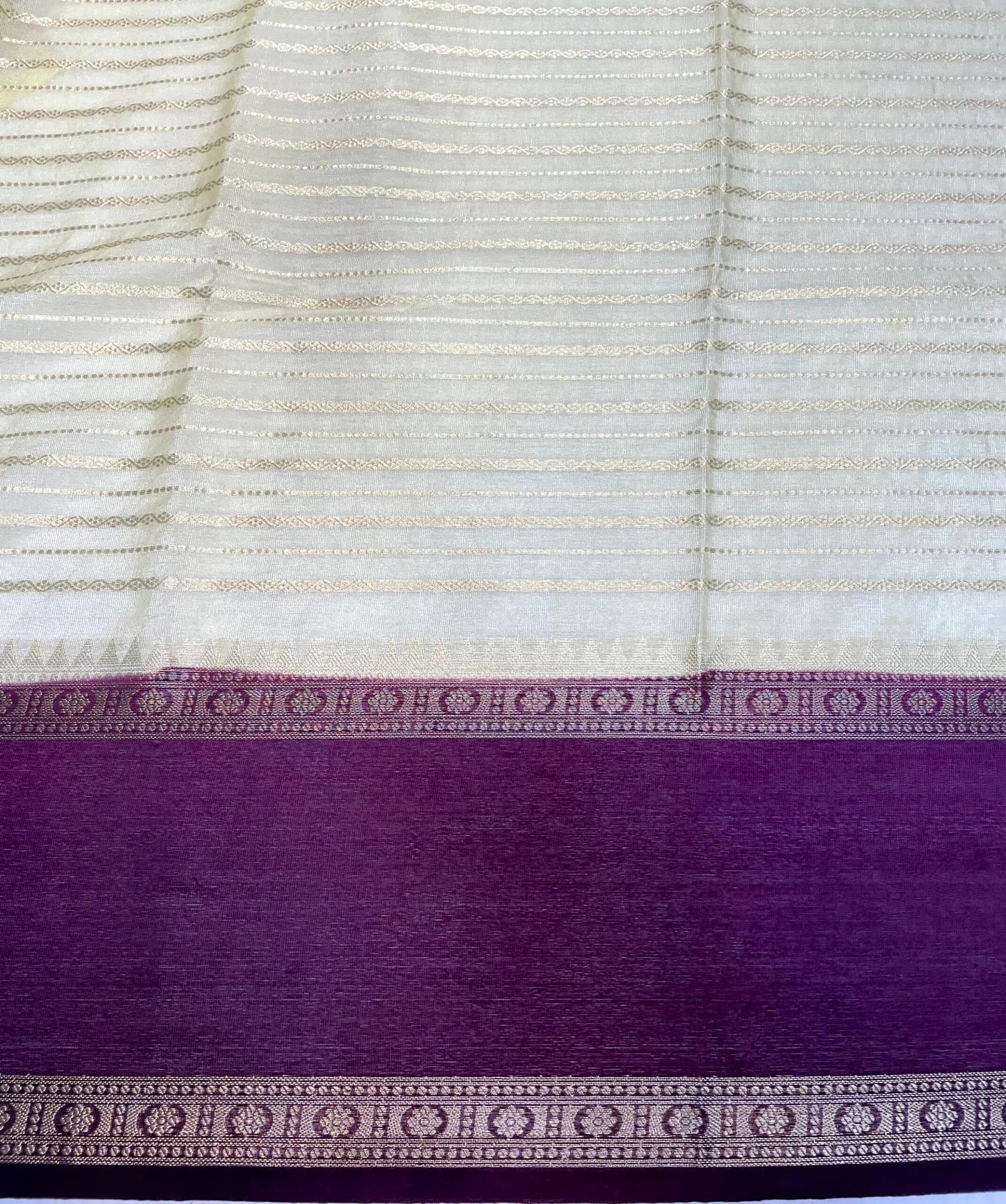 Cream and Violet Georgette Silk with Zari Stripes Design b0035ds