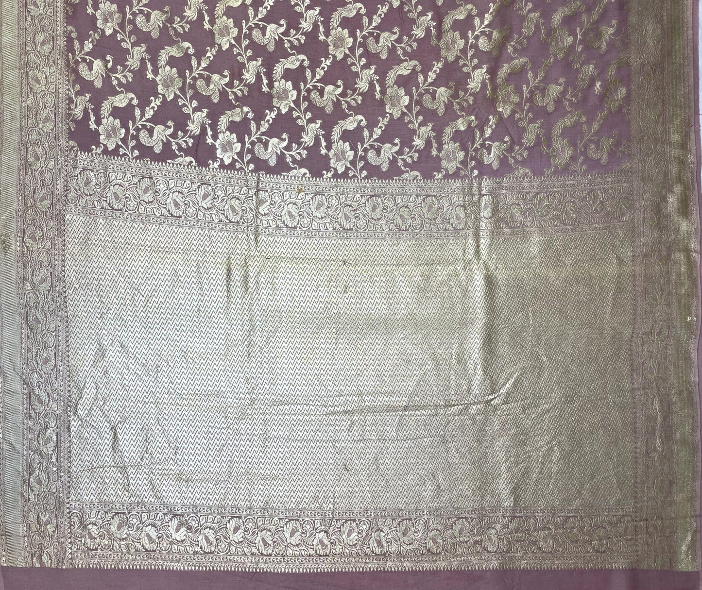 Brown Banaras Katan Silk Saree with Rich Zari Border and Birds and Floral Design b0081ds
