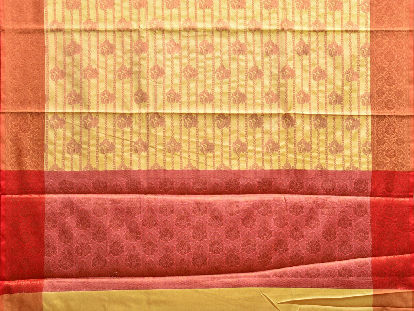 Mustard and Red Banaras Katan Silk Saree with Stripes and Body Butta Design b0136ds