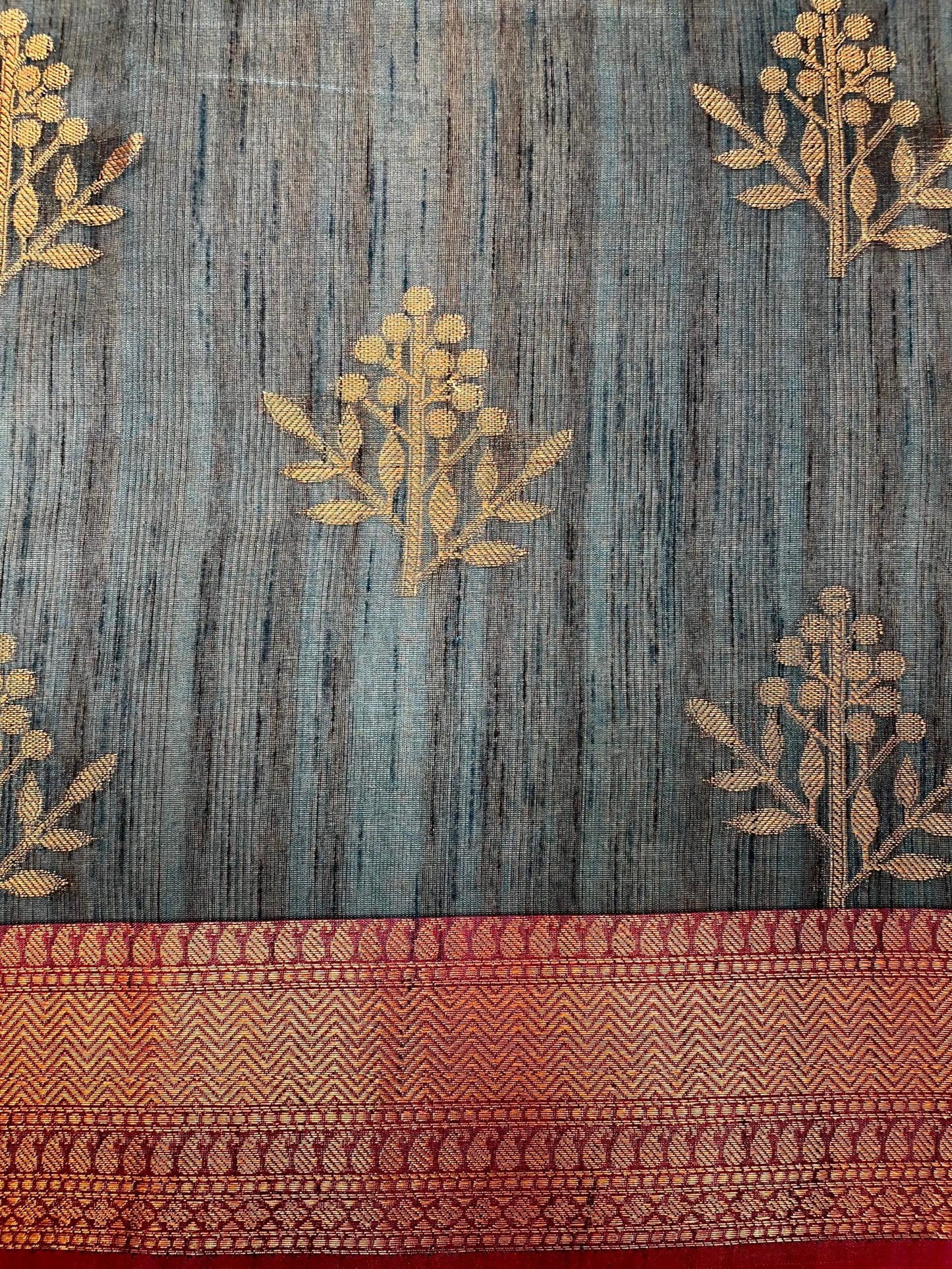 Slate Blue Banaras Fancy Khadi Zari Border Body Butta and Pallu Design b0172ds