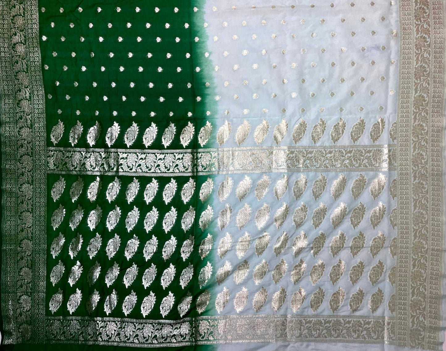 White and Green Banaras Georgette with Half and Half Dyed Body and Intricate Border Pallu Design b0180ds