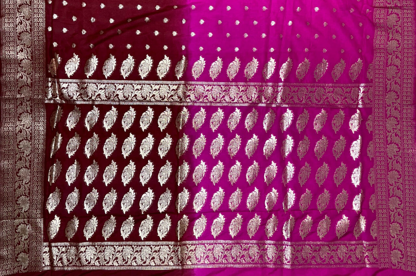 Maroon and Pink Banaras Georgette with Half and Half Dyed Body and Intricate Border Pallu Design b0183ds