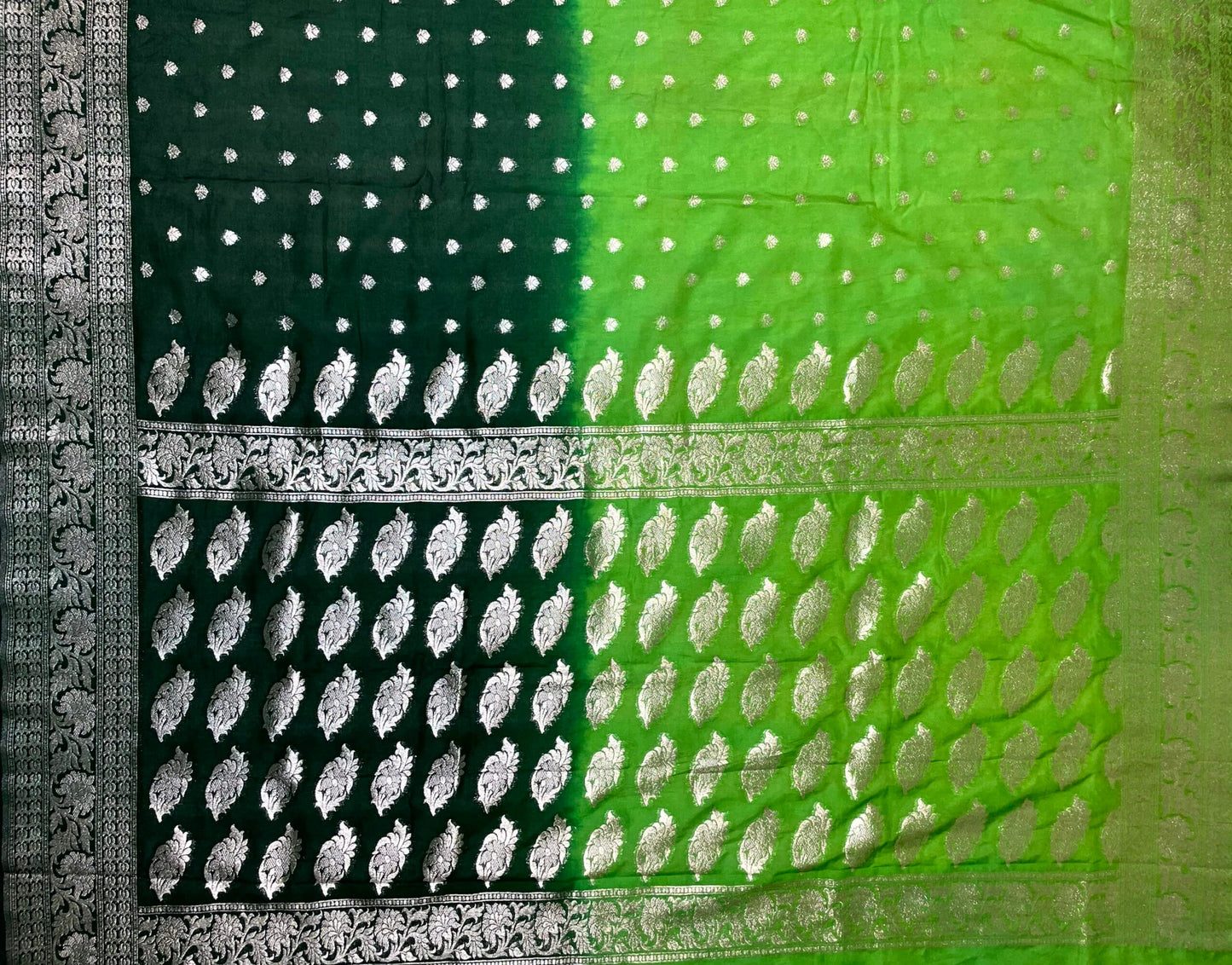 Bottle Green Banaras Georgette with Half and Half Dyed Body and Intricate Border Pallu Design b0185ds