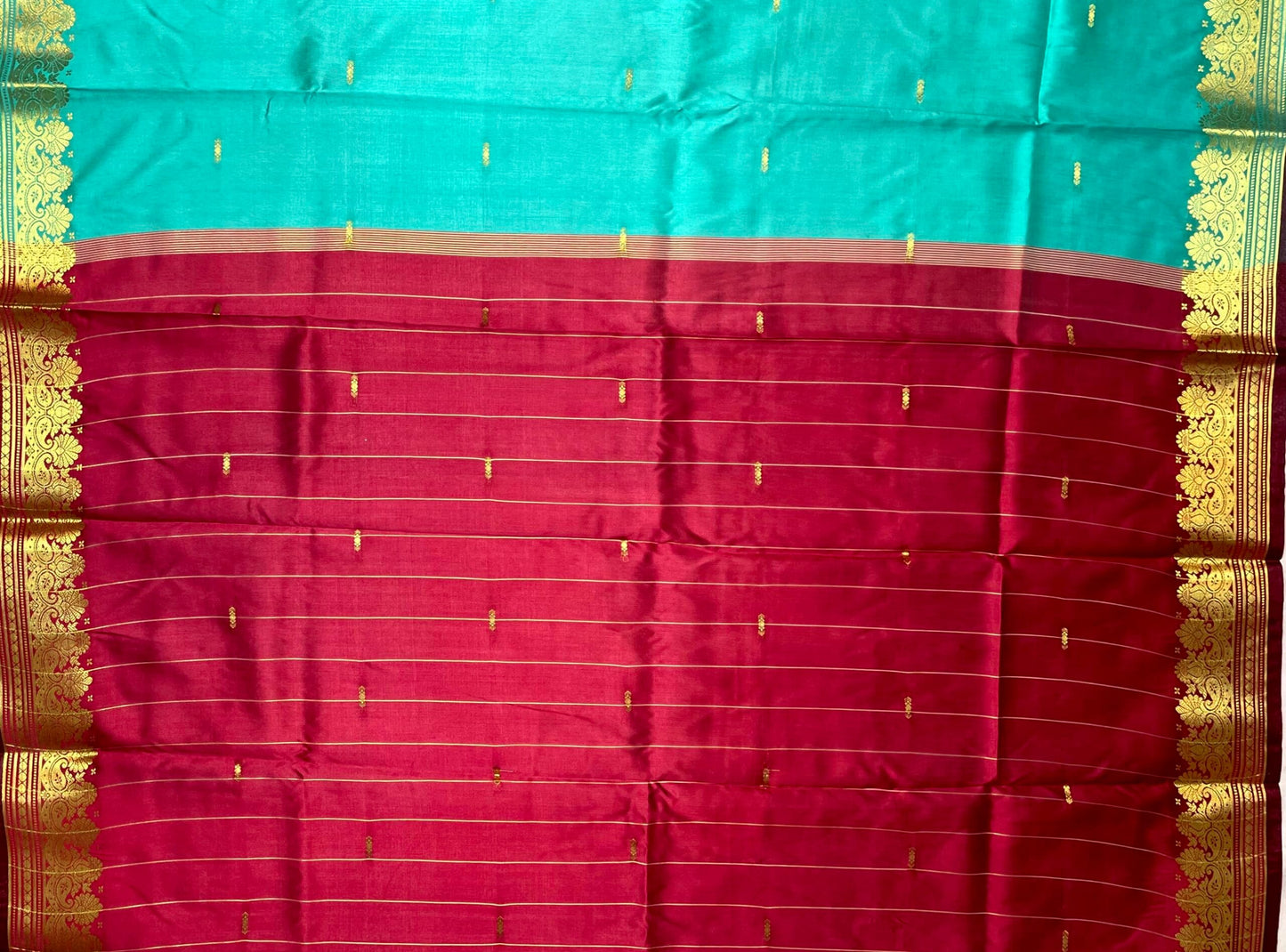 Turquoise and Red Banaras Viscose Silk with Intricate Kanchivaram Border and Body Butta Design b0218ds