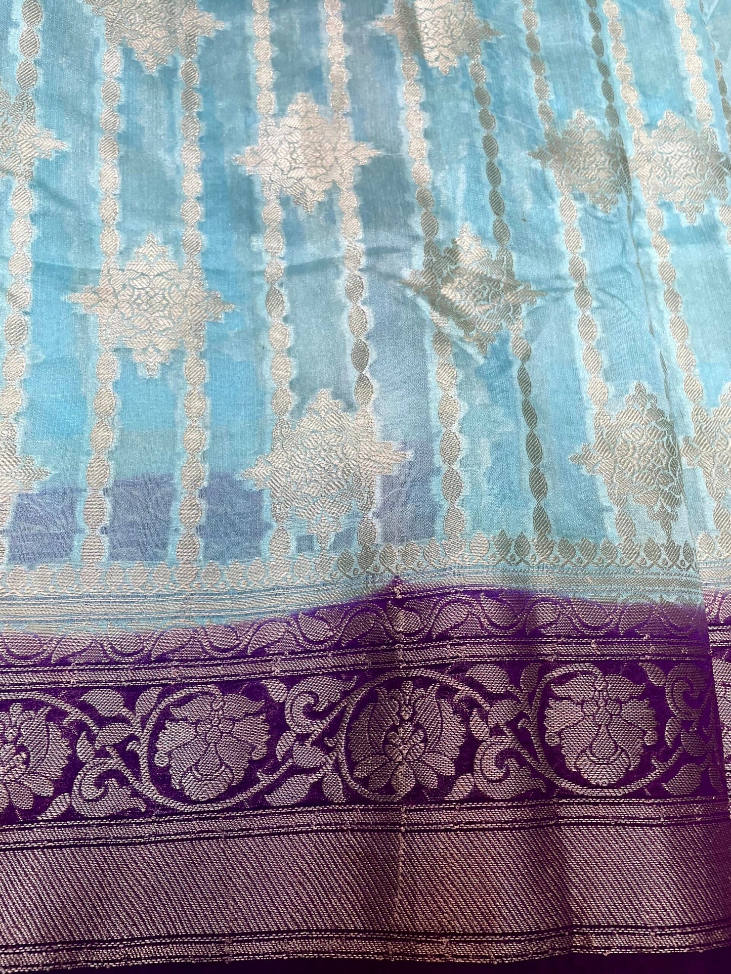 Sky Blue and Magenta Black Banaras Georgette with Body Border and Pallu Design b0269ds