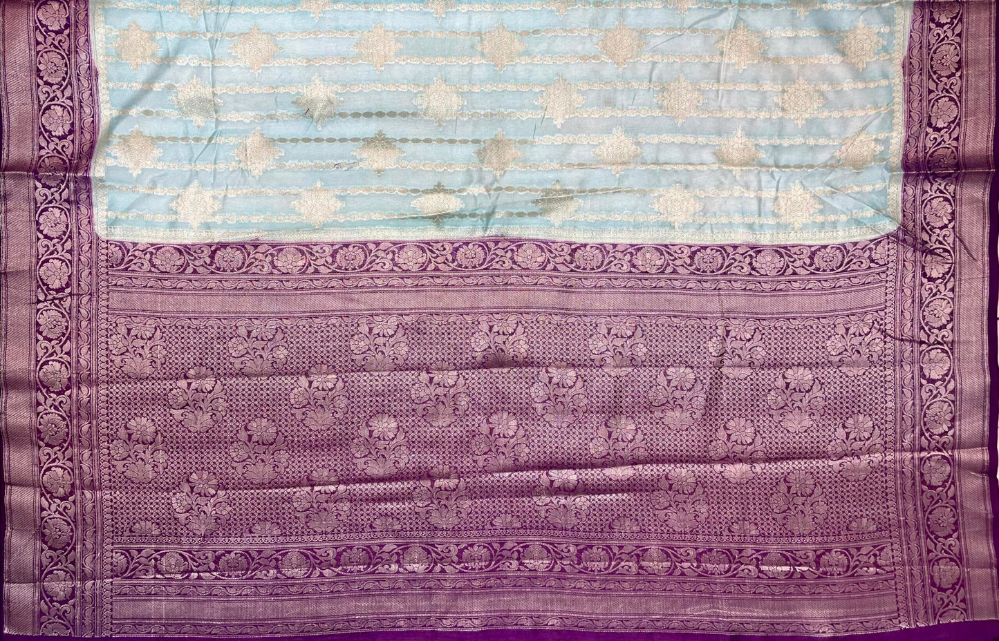 Sky Blue and Magenta Black Banaras Georgette with Body Border and Pallu Design b0269ds