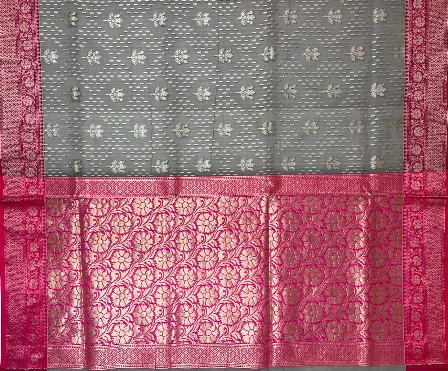 Pink and Grey Organza Saree with Contrast Border and Allover Geometrical Body Design b0282ds