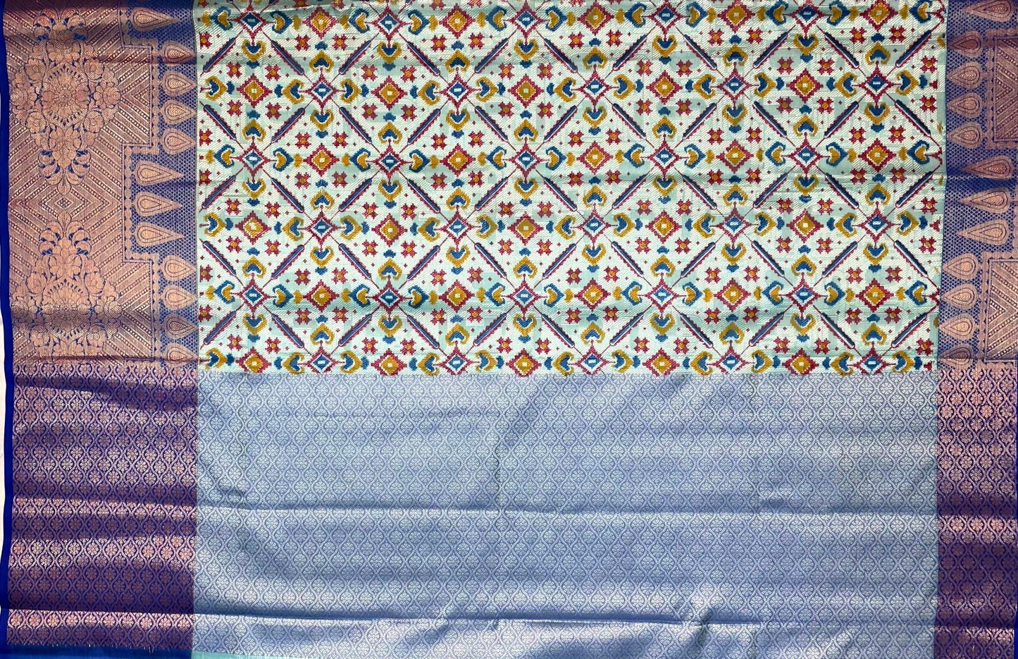Blue Kora Printed Saree with Contrast Banaras Border and Allover Printed Body Design b0300ds