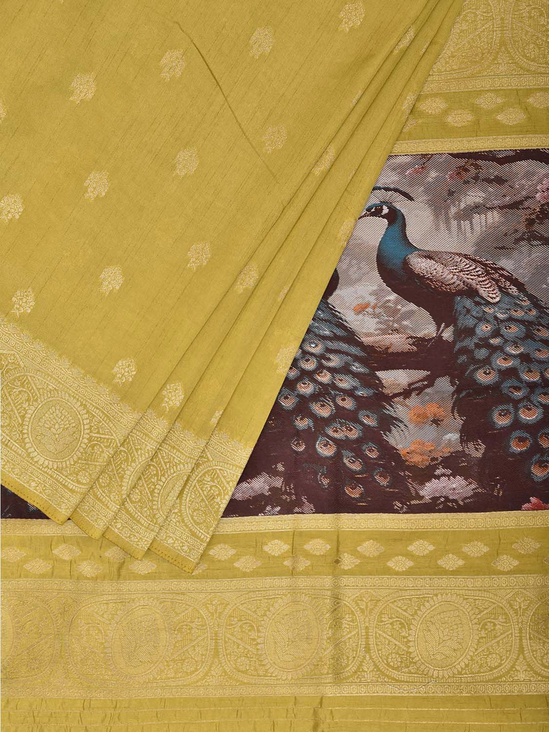 Yellow Banaras Katan Viscose Saree with Peacocks Pallu and Border Design b0320