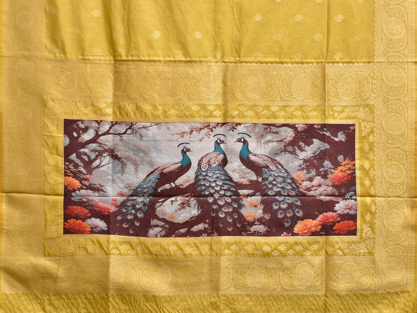 Yellow Banaras Katan Viscose Saree with Peacocks Pallu and Border Design b0320