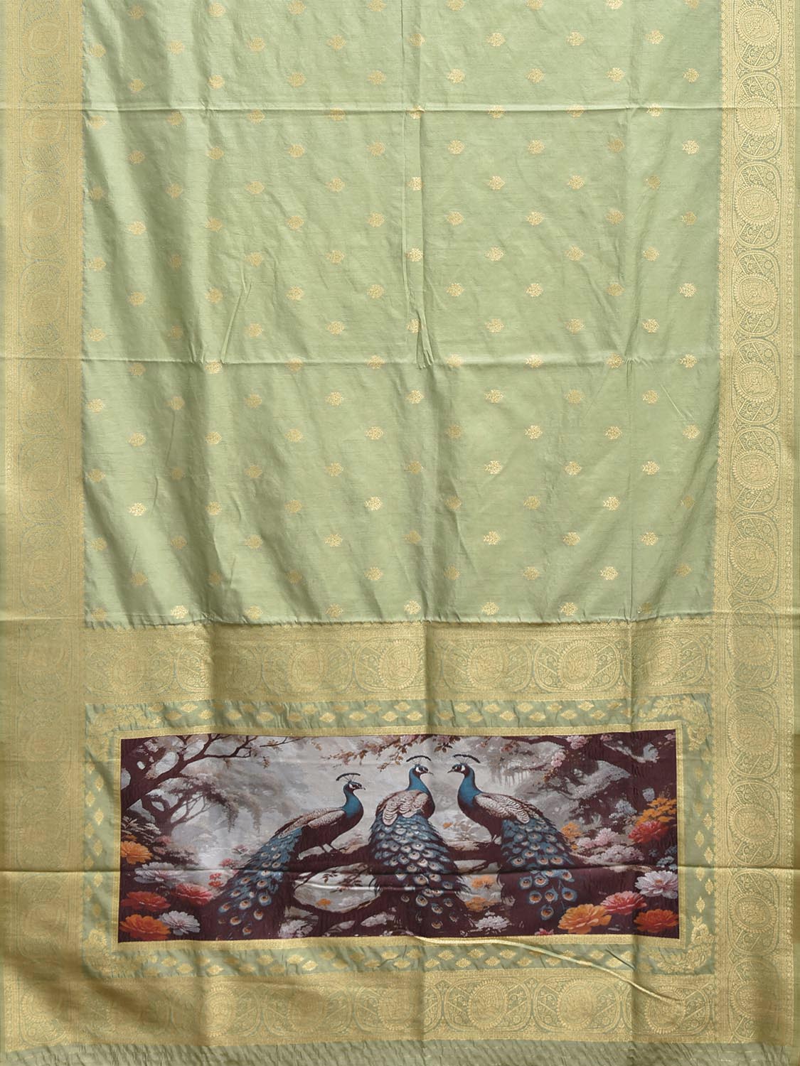 Light Green Banaras Katan Viscose Saree with Peacocks Pallu and Border Design b0322