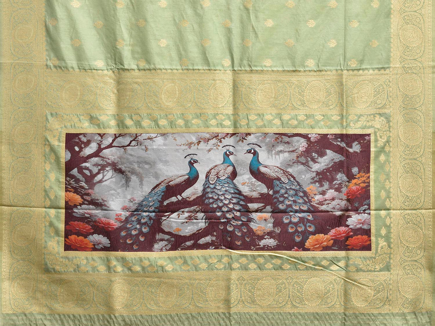 Light Green Banaras Katan Viscose Saree with Peacocks Pallu and Border Design b0322