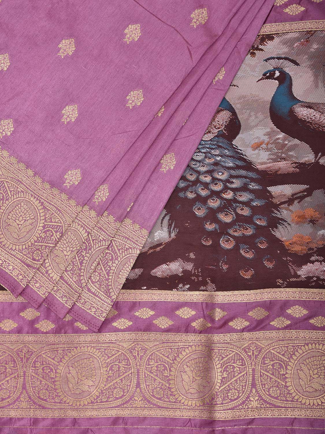 Pink Banaras Katan Viscose Saree with Peacocks Pallu and Border Design b0323