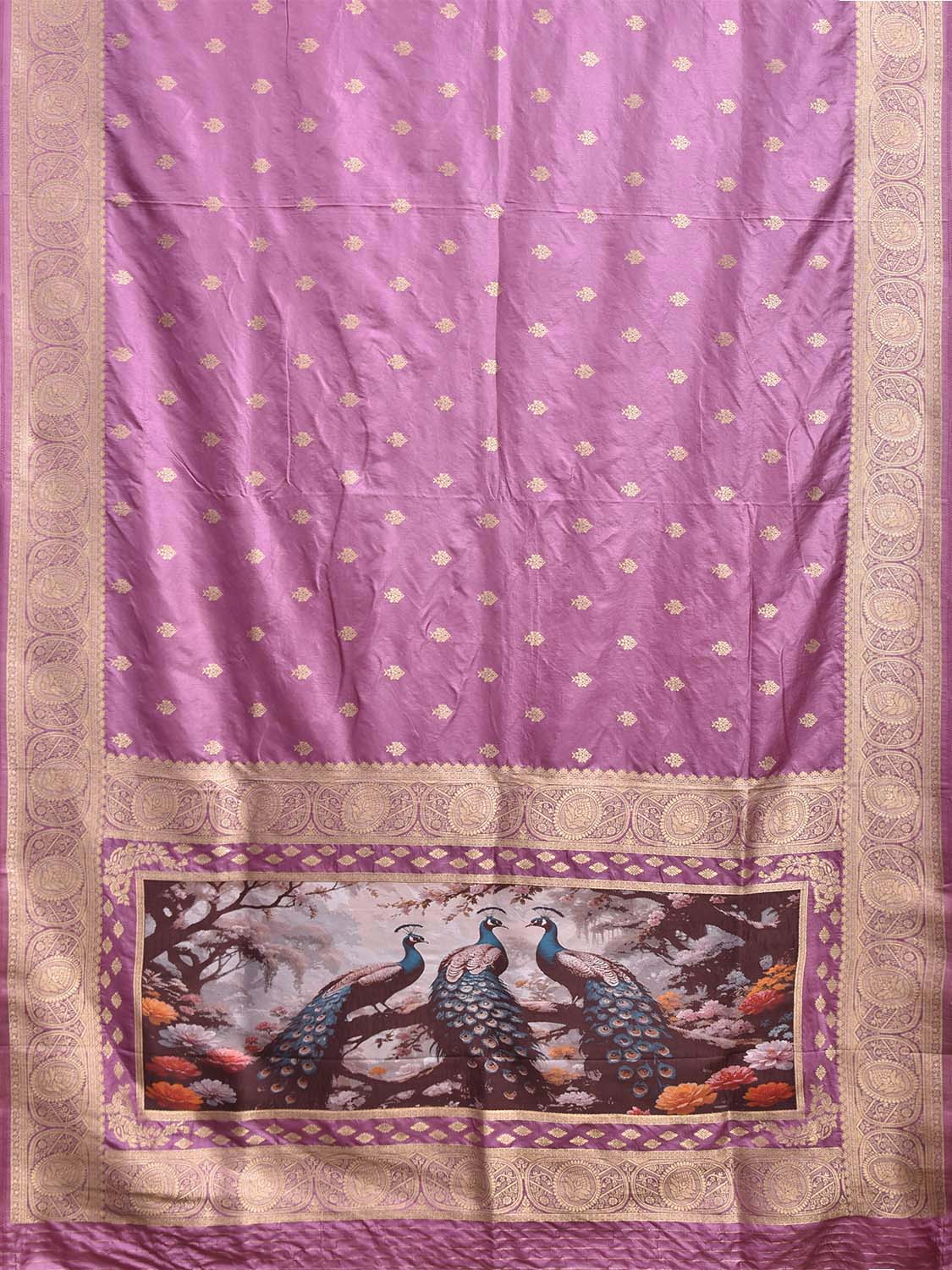 Pink Banaras Katan Viscose Saree with Peacocks Pallu and Border Design b0323