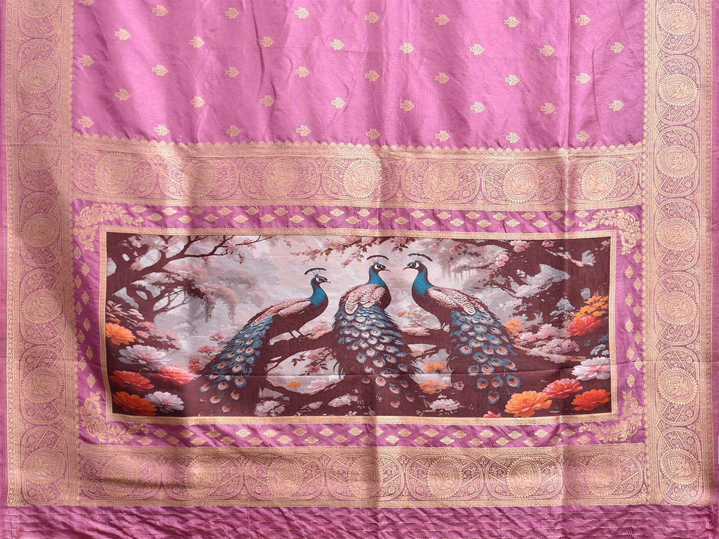 Pink Banaras Katan Viscose Saree with Peacocks Pallu and Border Design b0323