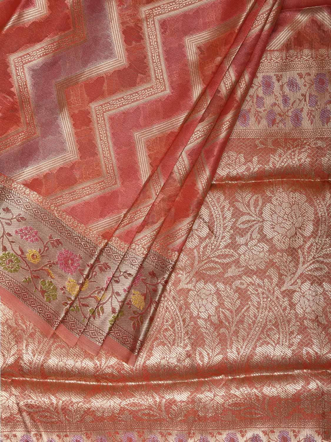 Peach Banaras Tissue Saree with Zig-Zag and Border-Pallu Design b0234