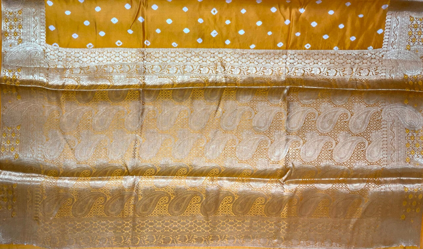 Mustard Banaras Bandhani Silk Saree with Border and Pallu Design b0407ds
