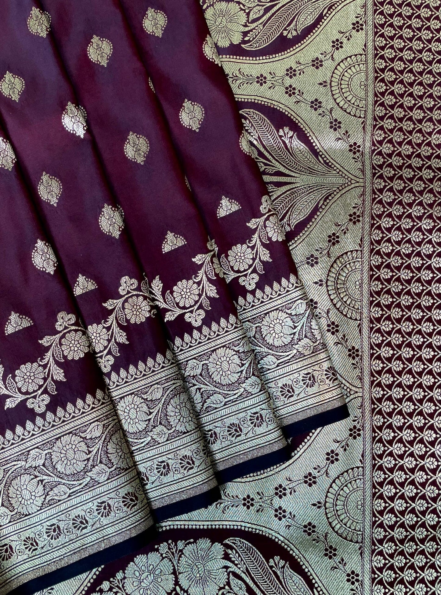 Dark Burgundy Banaras Katan Silk Saree with Body Butti and Border Design b0412ds