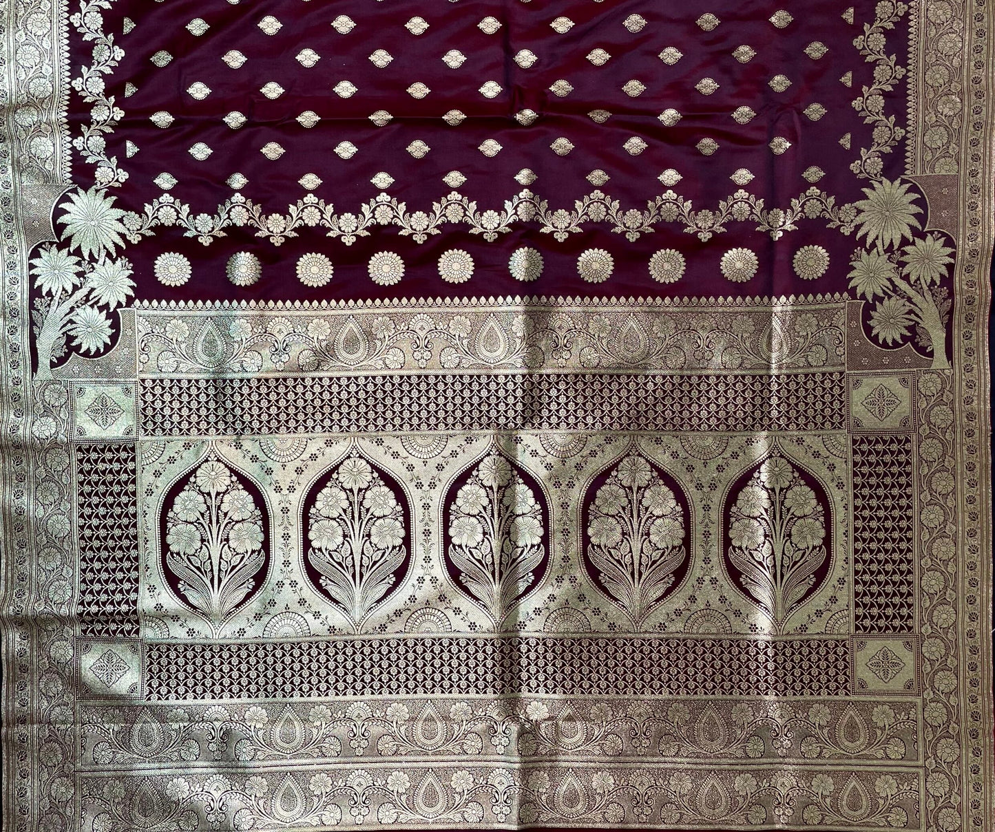 Dark Burgundy Banaras Katan Silk Saree with Body Butti and Border Design b0412ds