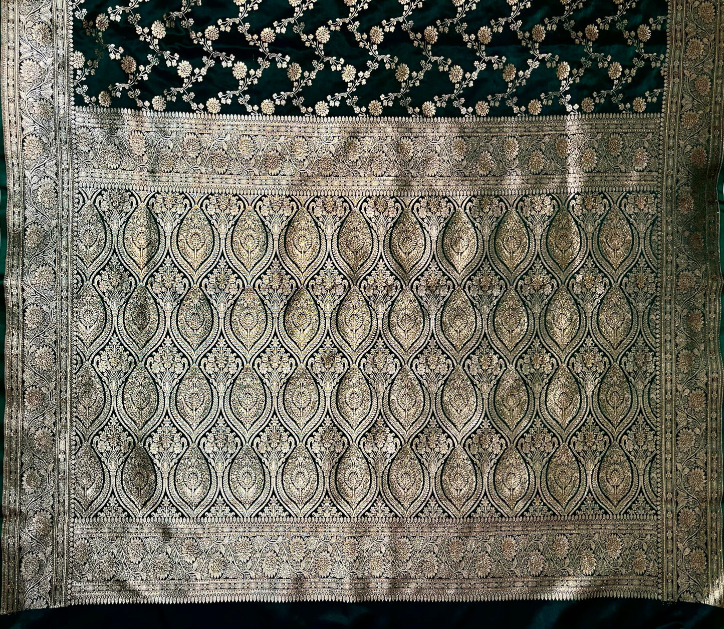 Bottle Green Banaras Katan Silk Saree with Body Butti and Stone Work Design b0467ds