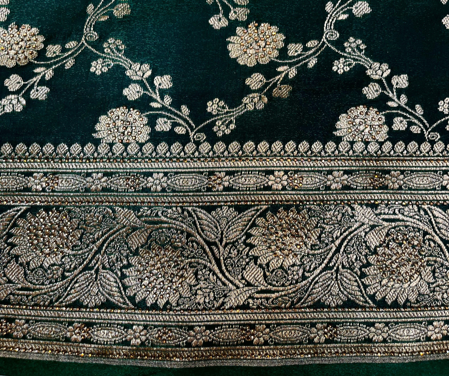 Bottle Green Banaras Katan Silk Saree with Body Butti and Stone Work Design b0467ds