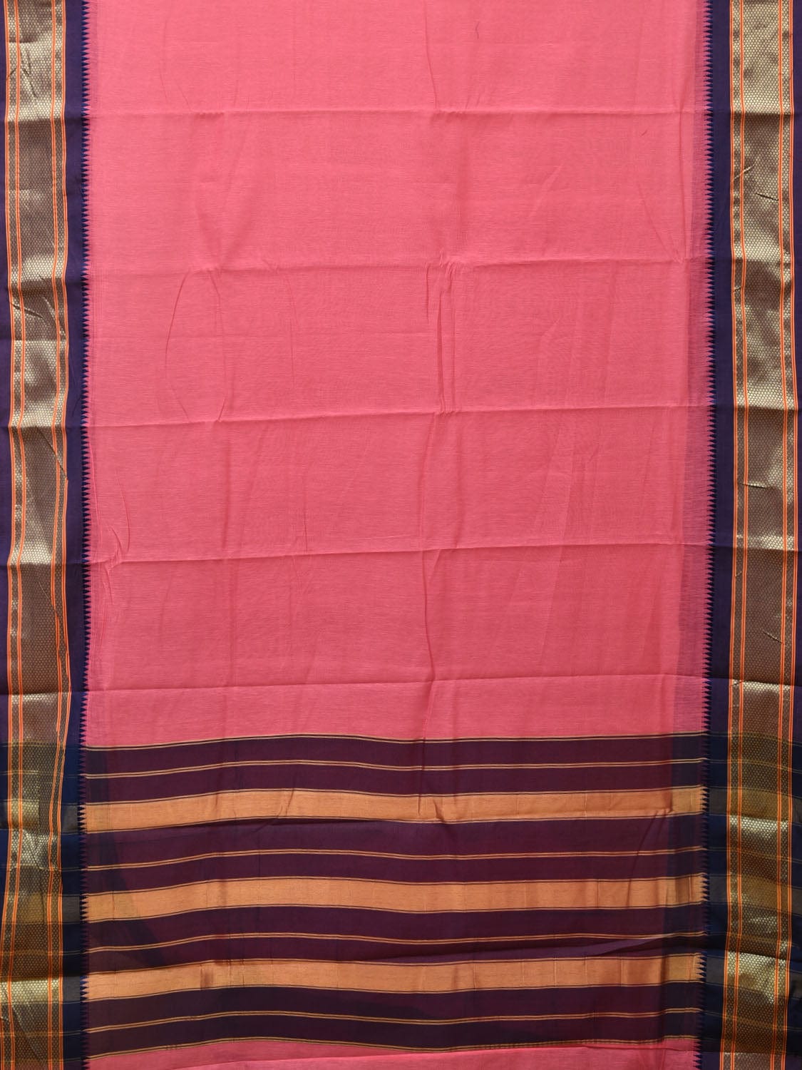Baby Pink and Dark Blue Bamboo Cotton Plain Saree with Zari Border Design bc0099