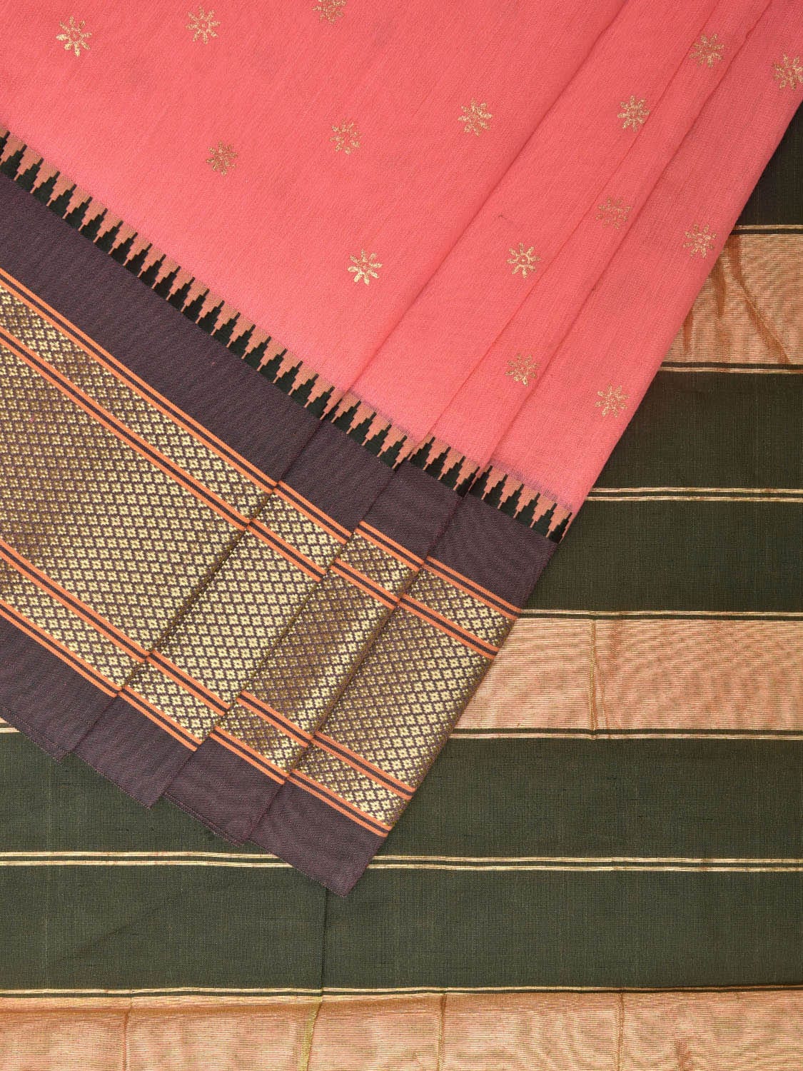 Baby Pink and Dark Green Bamboo Cotton Saree with Printed Buta Design No Blouse bc0362