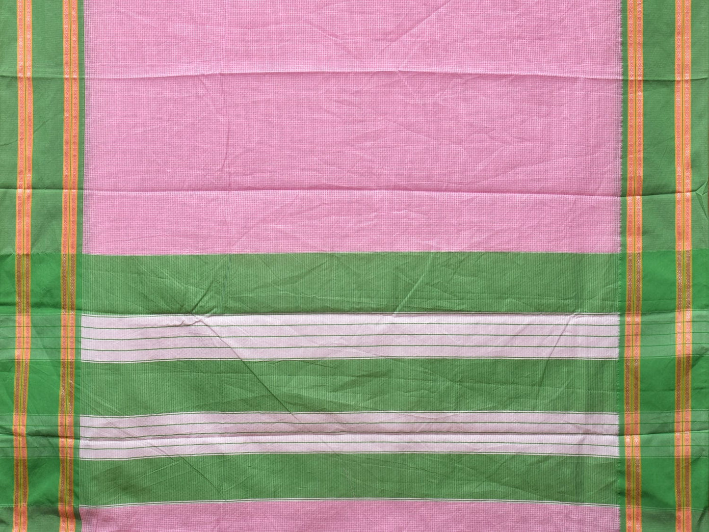 Baby Pink and Green Bamboo Cotton Saree with Small Checks Design No Blouse bc0264