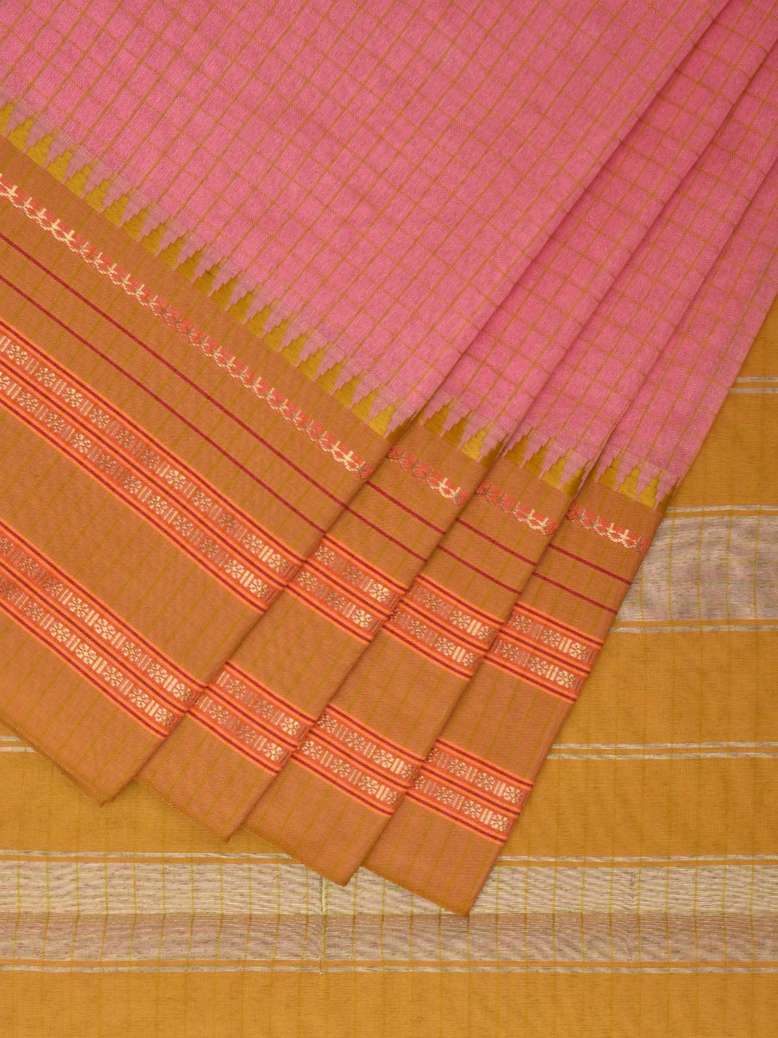 Baby Pink and Green Bamboo Cotton Viscose Silk Saree with Checks Design No Blouse bc0370