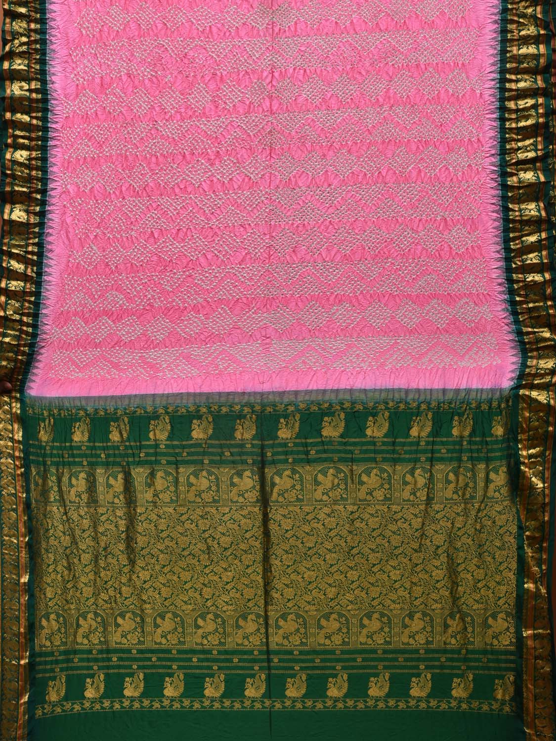 Baby Pink and Green Bandhani Gadwal Silk Handloom Saree with Pallu and Border Design bn0342