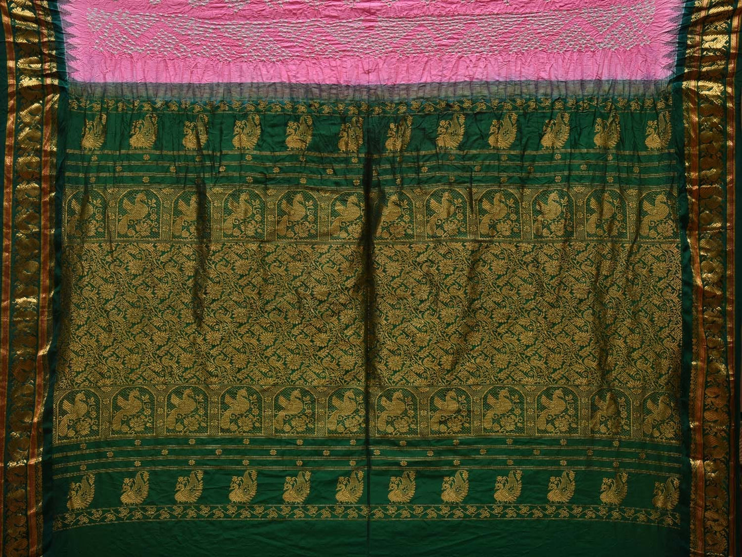 Baby Pink and Green Bandhani Gadwal Silk Handloom Saree with Pallu and Border Design bn0342