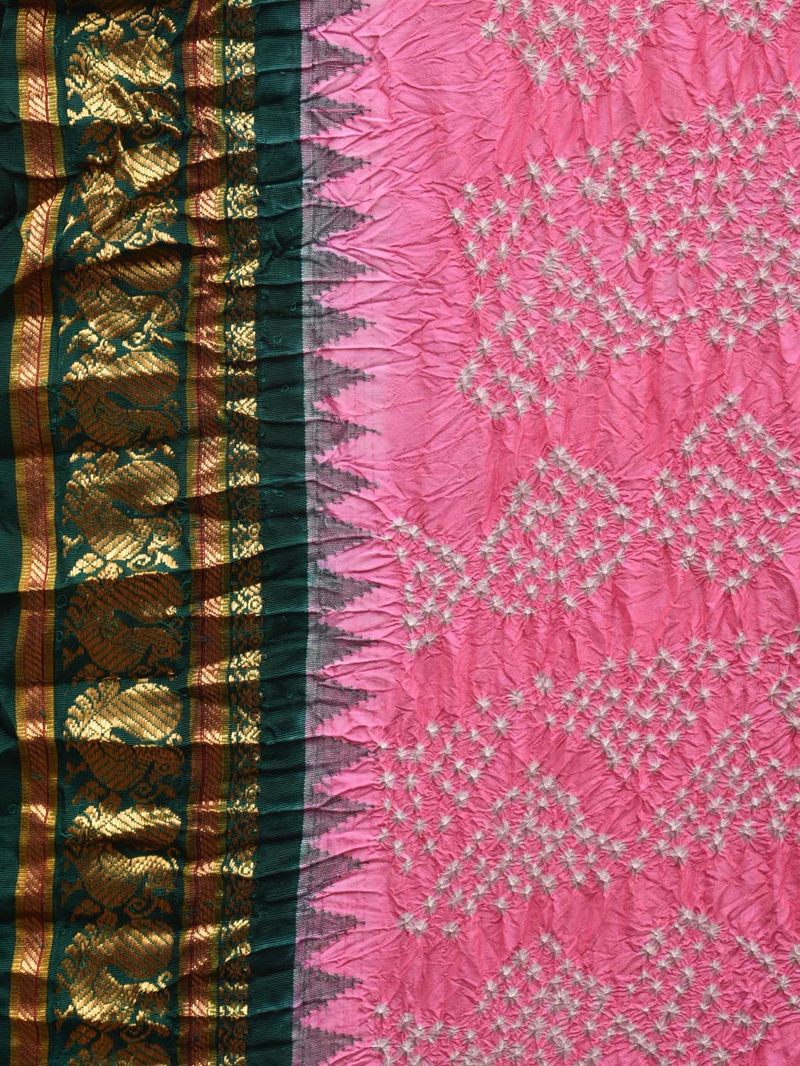 Baby Pink and Green Bandhani Gadwal Silk Handloom Saree with Pallu and Border Design bn0342