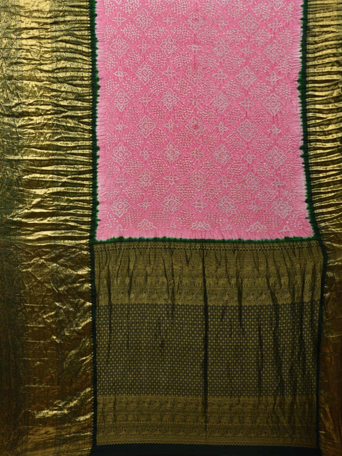 Baby Pink and Green Bandhani Kanchipuram Silk Handloom Saree with Border and Pallu Design bn0353